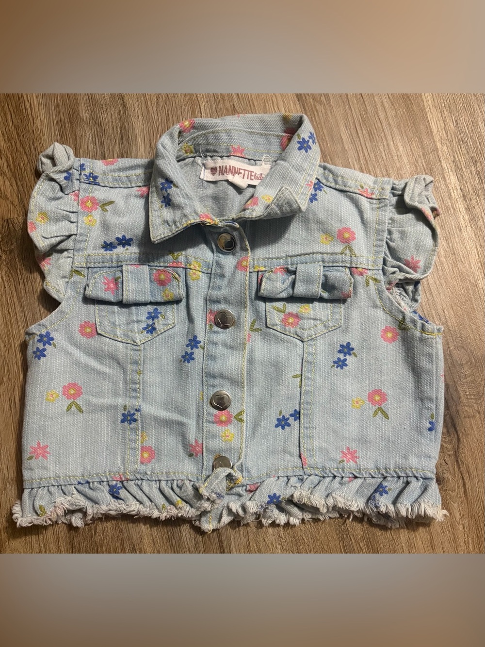 Nannette - Light Blue Floral Denim Shirt Vest - Size 5